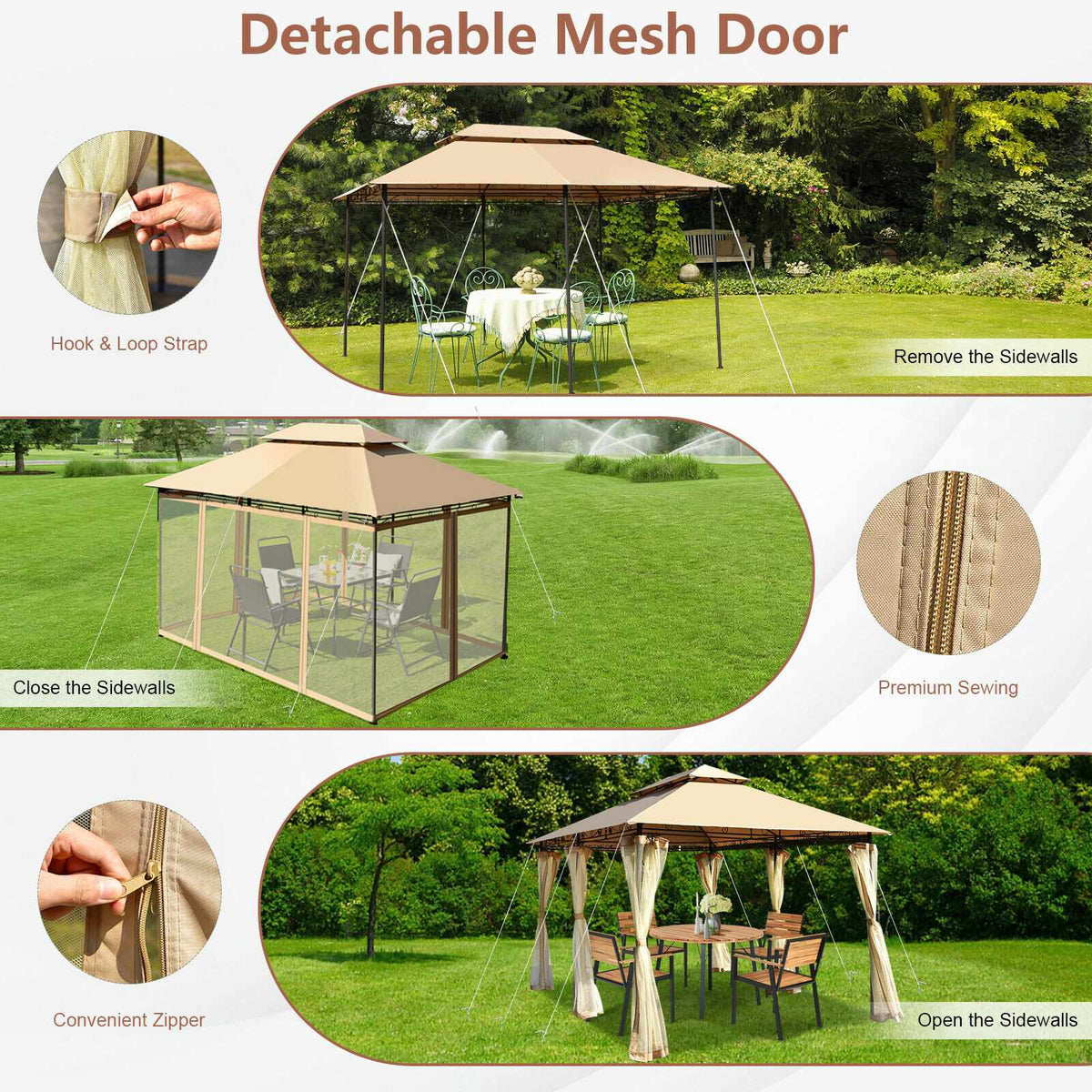 10x13 Ft Patio Gazebo Canopy, Removable Mesh Walls, Tan