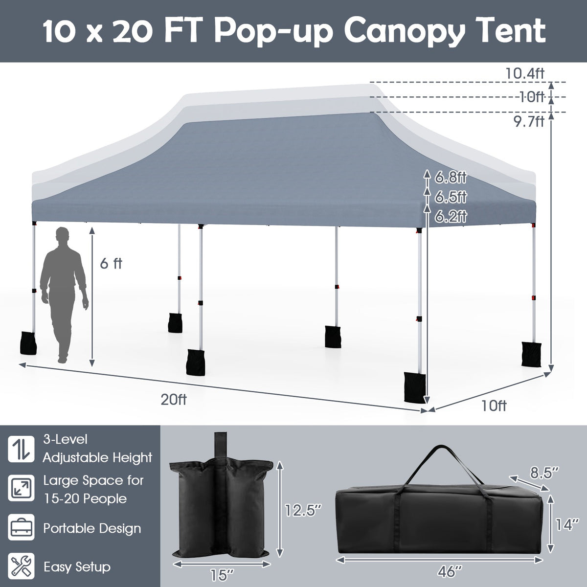 10x20 Pop-Up Canopy Tent, Adjustable Height, Carry Bag