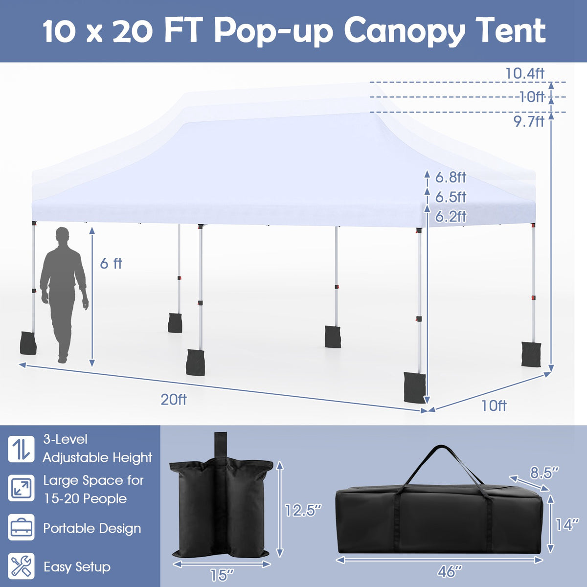 10x20 Pop Up Canopy Tent – Adjustable Height, Carry Bag, White