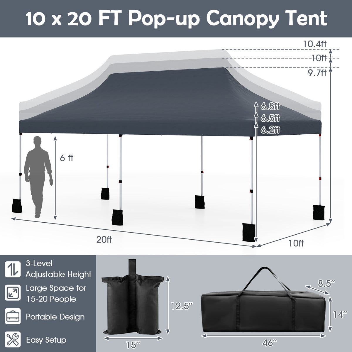 10x20 Pop-Up Canopy Tent, Water-Resistant, Carry Bag