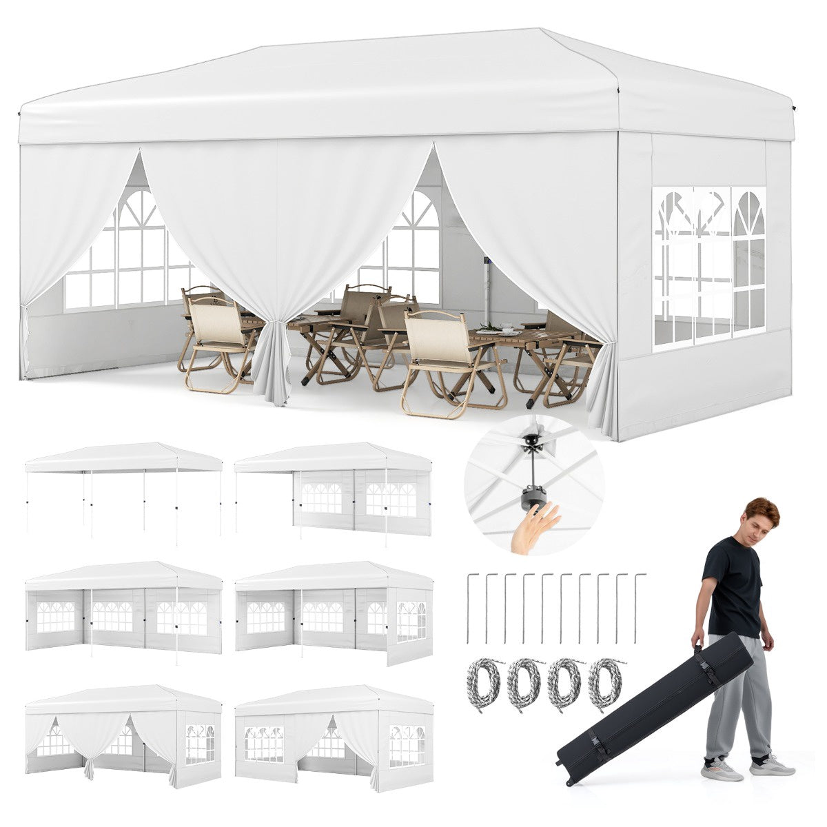 10x20 Pop-Up Canopy Tent With 6 Sidewalls, Wheeled Bag