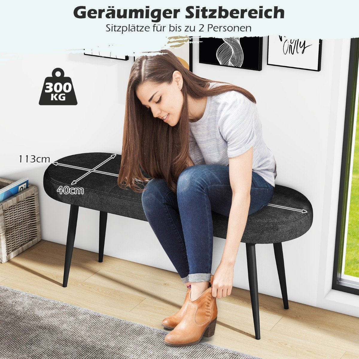 113 cm bench with cushions &amp; Metal legs upholstered bench ottoman up to 300 kg load capacity black