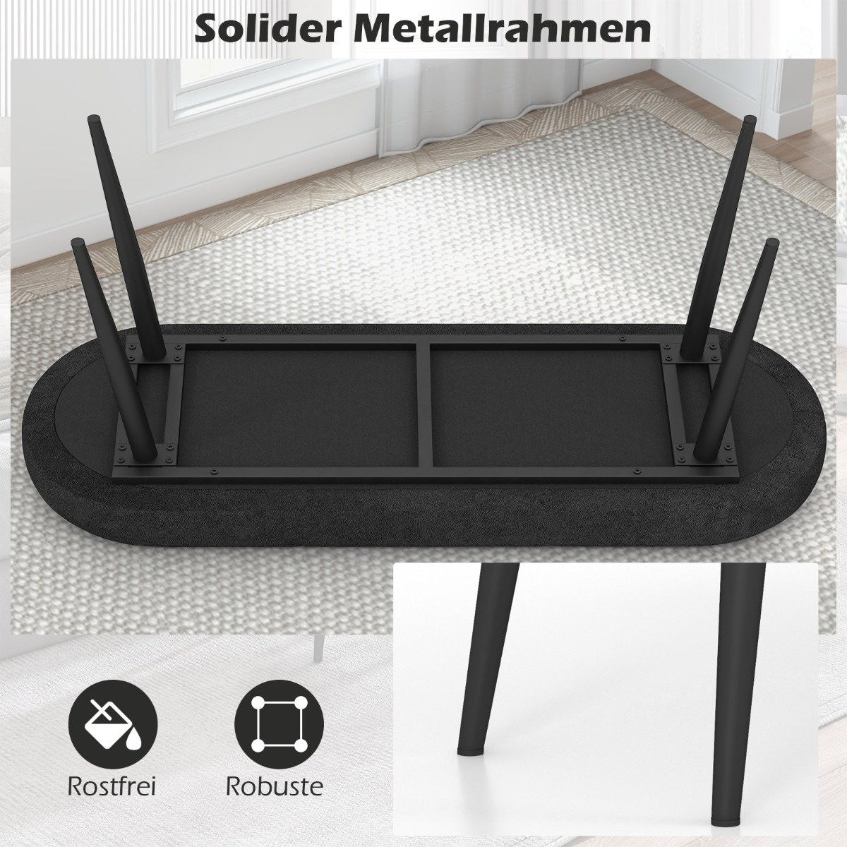 113 cm bench with cushions &amp; Metal legs upholstered bench ottoman up to 300 kg load capacity black