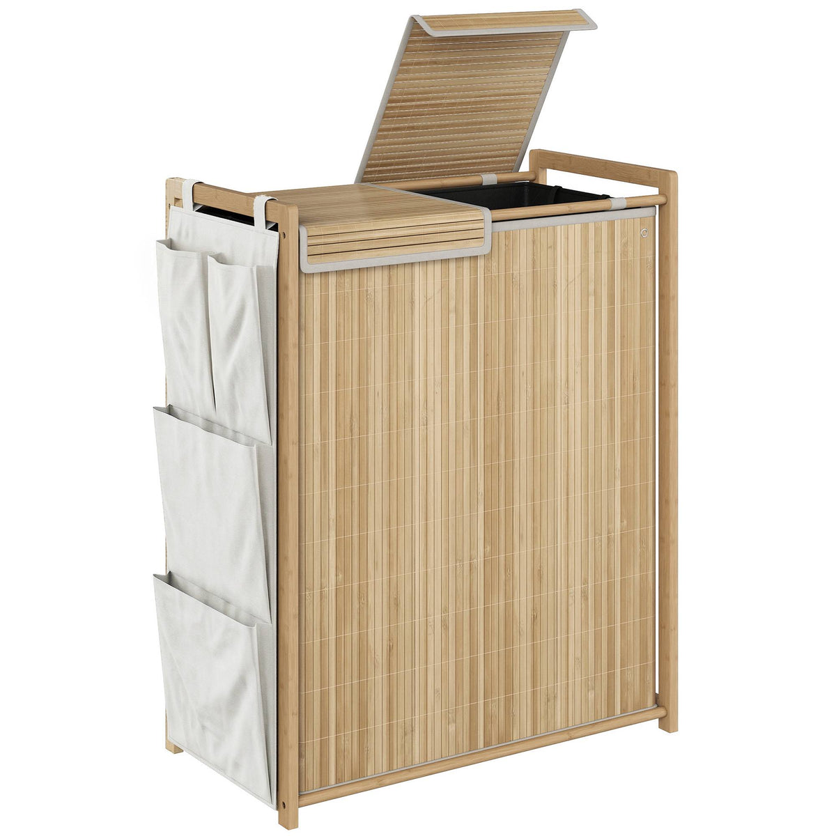 120L Bamboo Laundry Hamper With Lid, Side Pockets