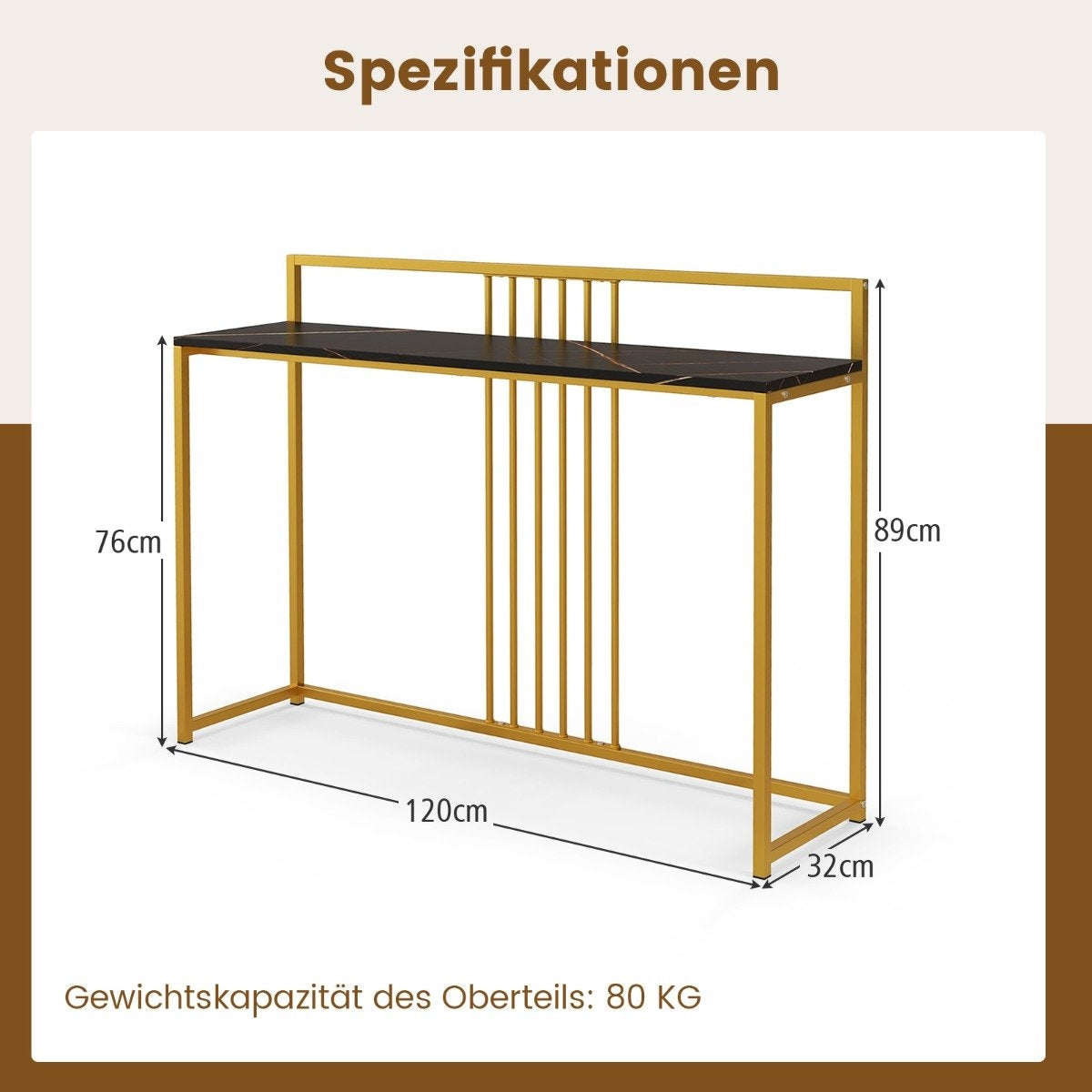 120 cm Console Table with Marble Look & Gold Metal Frame Modern Hallway Table Black
