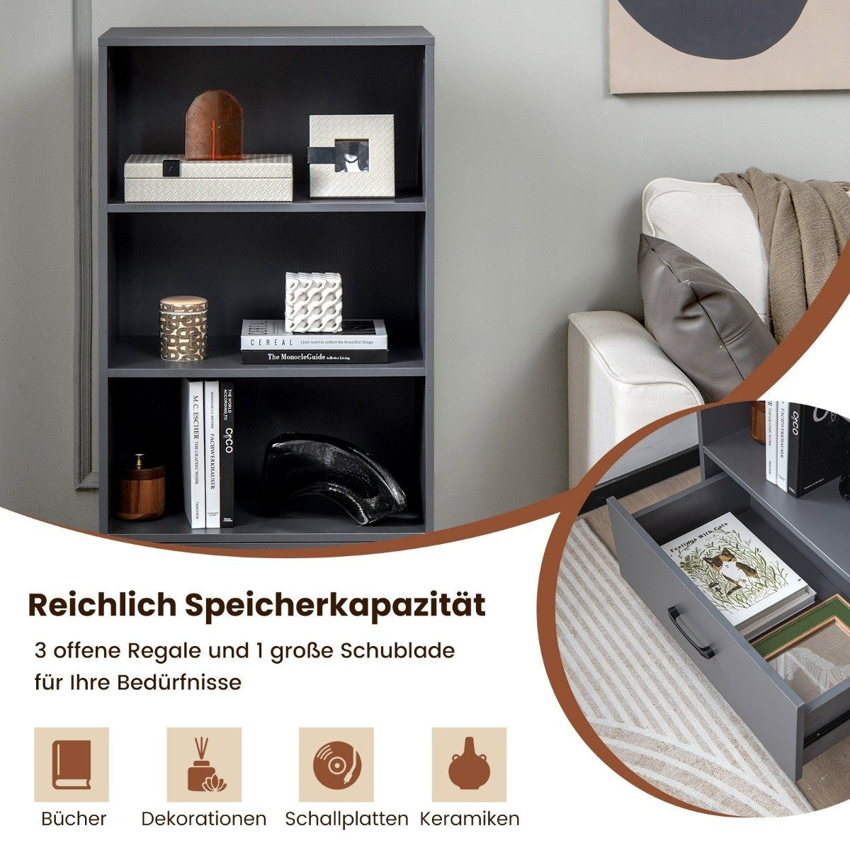 120 cm bookcase with drawers 4 levels wooden storage shelf standing shelf 60 x 38 x 120 cm gray