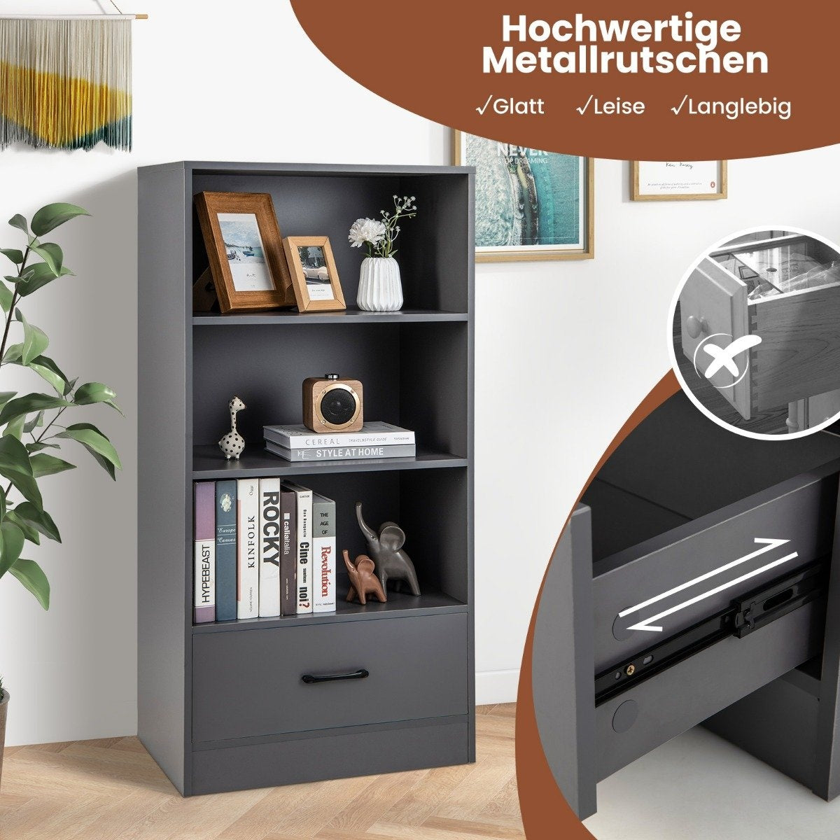 120 cm bookcase with drawers 4 levels wooden storage shelf standing shelf 60 x 38 x 120 cm gray