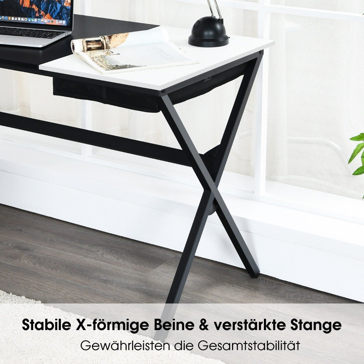 120 cm long desk with cube drawer & side pocket computer desk black + white
