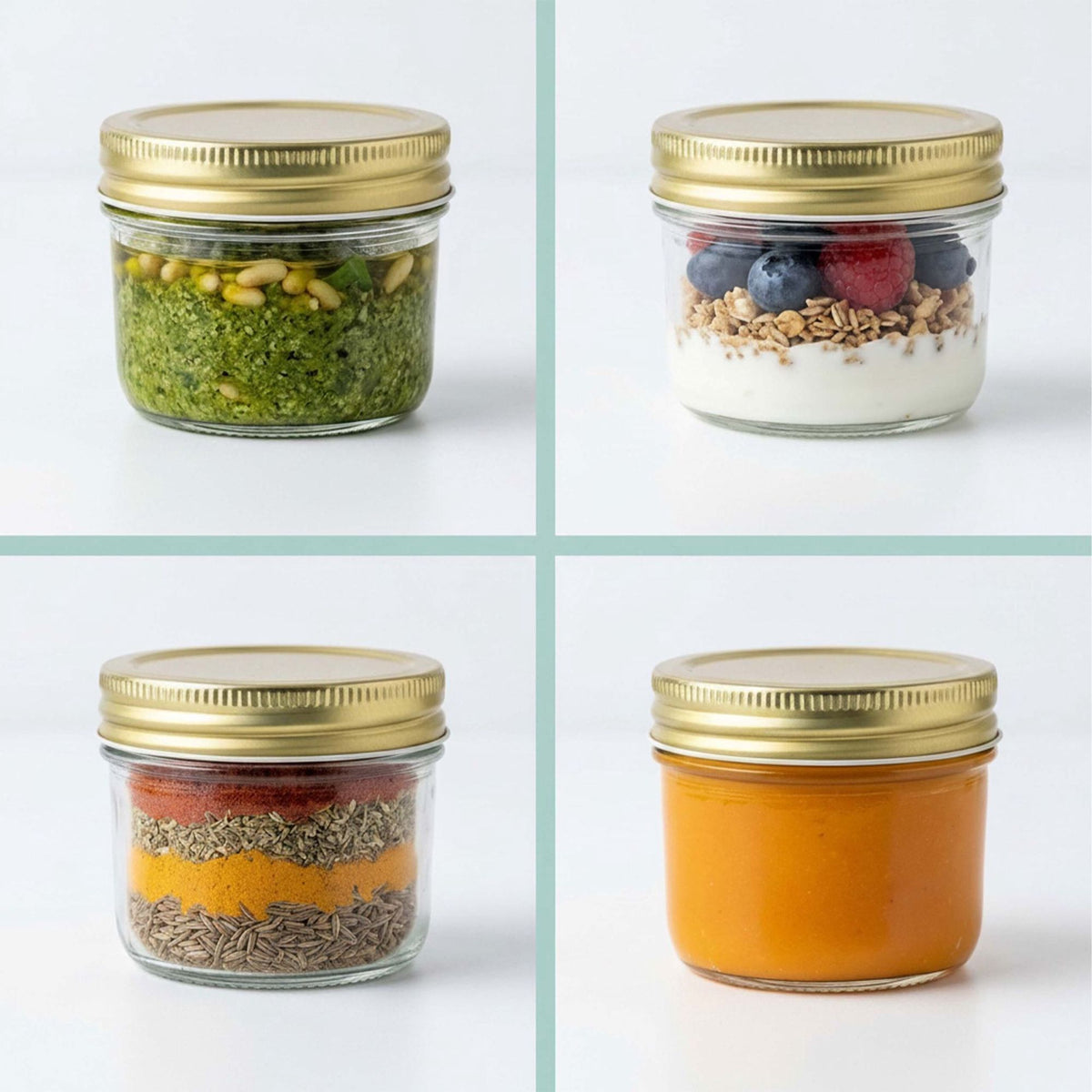 120 ml Glass Jam Jars, Twist-Off Gold Lids Set