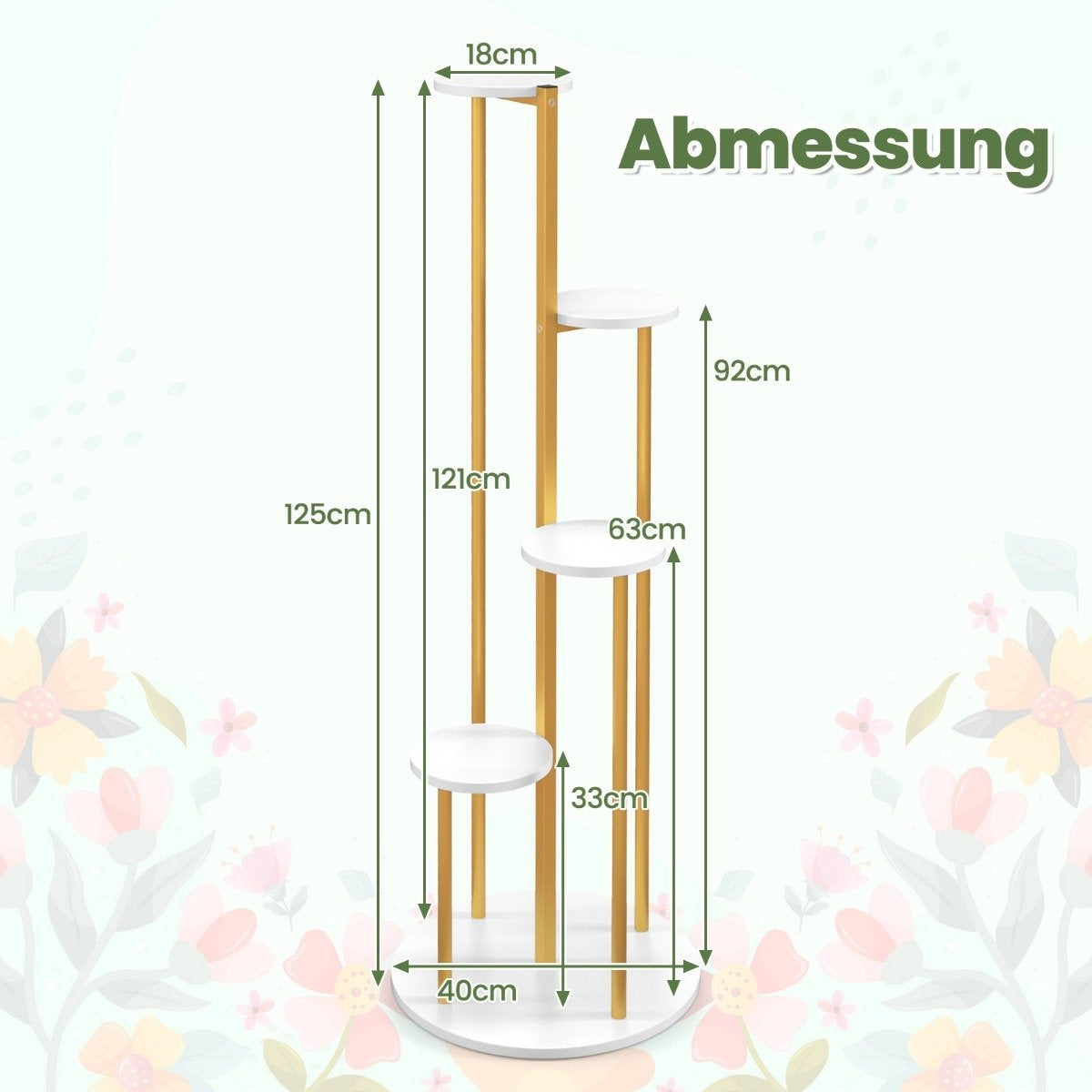 122.5cm 4 Tier Metal Plant Stand with Gold Metal Frame White