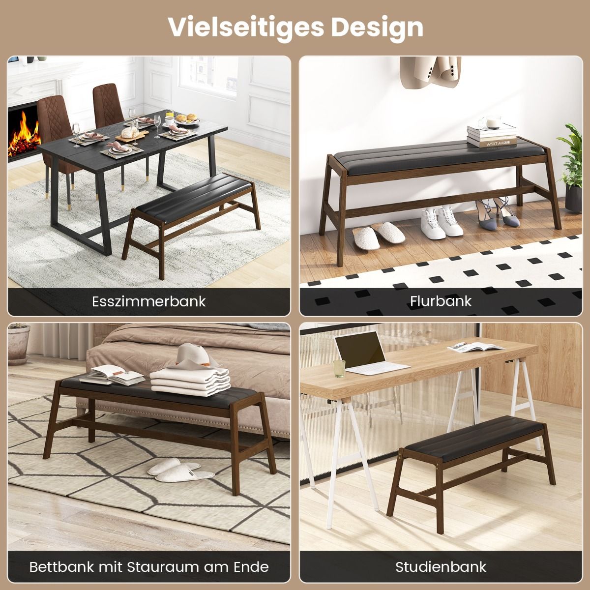 127cm rubber wood bench with seat cushion made of faux leather dining room bench upholstered bench walnut