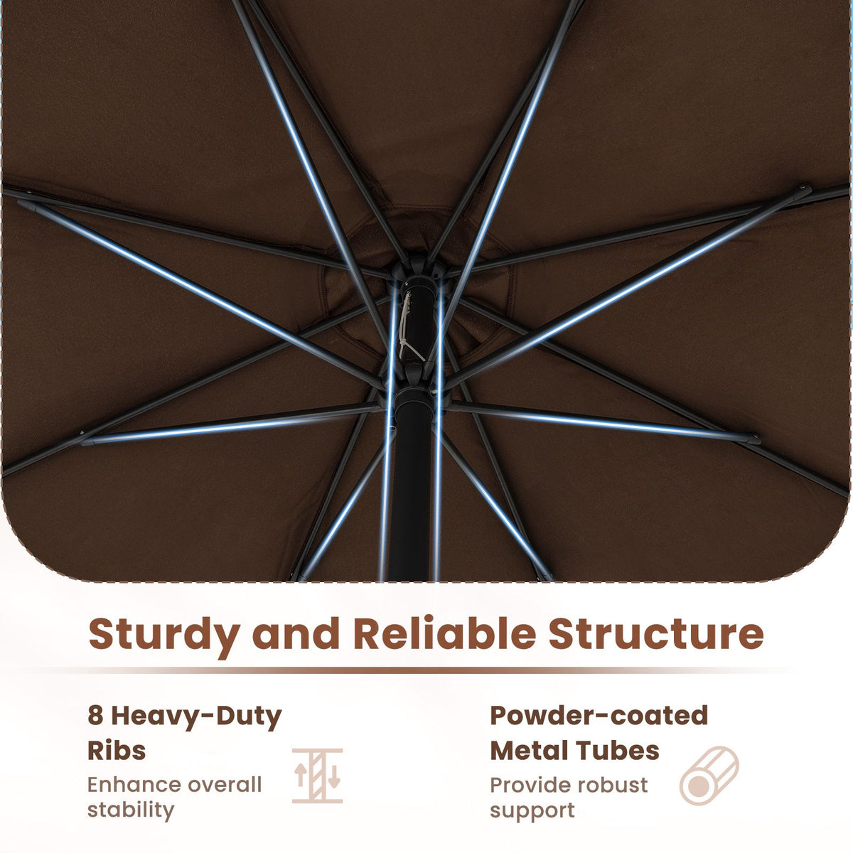 12 Ft Patio Umbrella With Crank Handle, 8 Ribs, Coffee