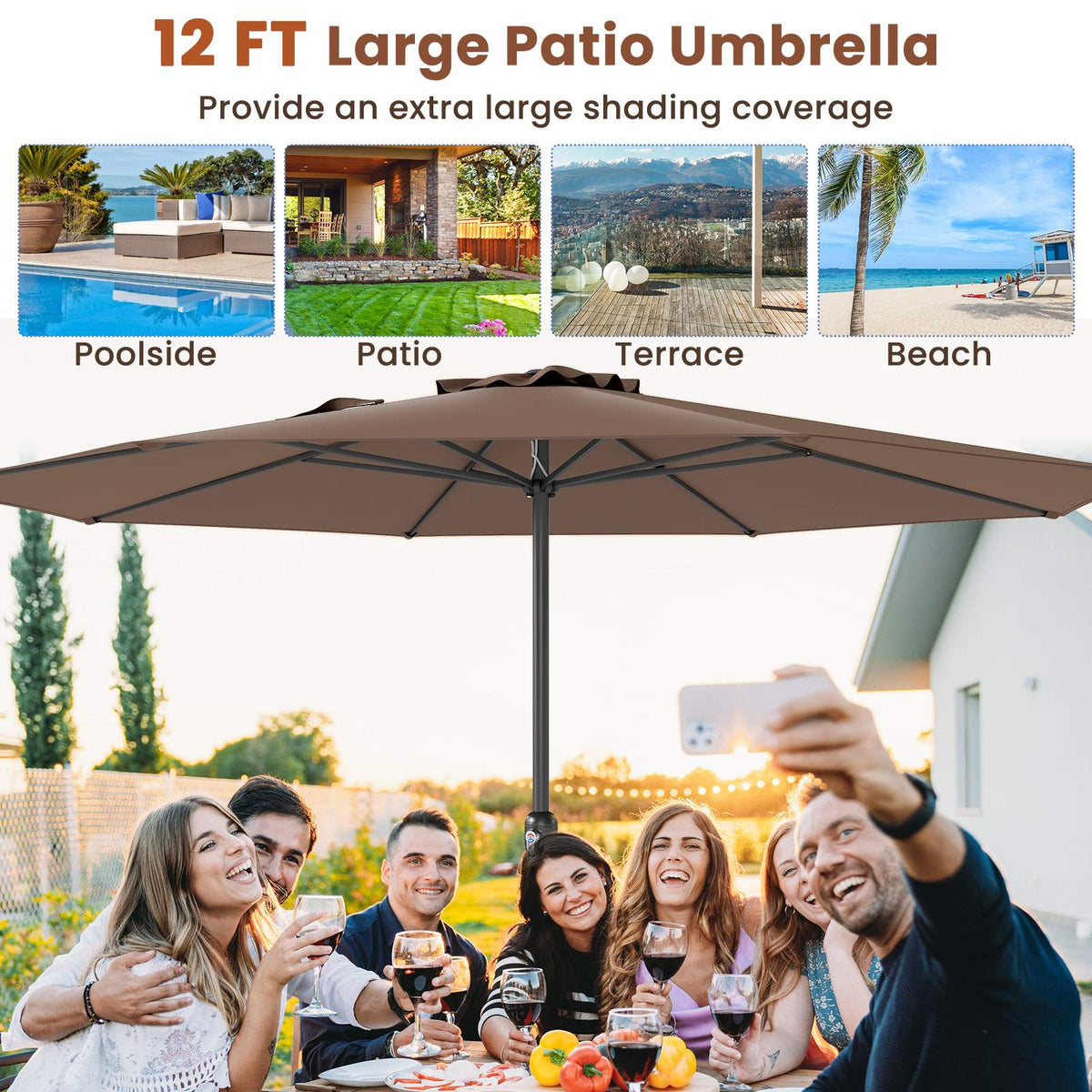 12 Ft Patio Umbrella With Crank Handle, 8 Ribs, Coffee