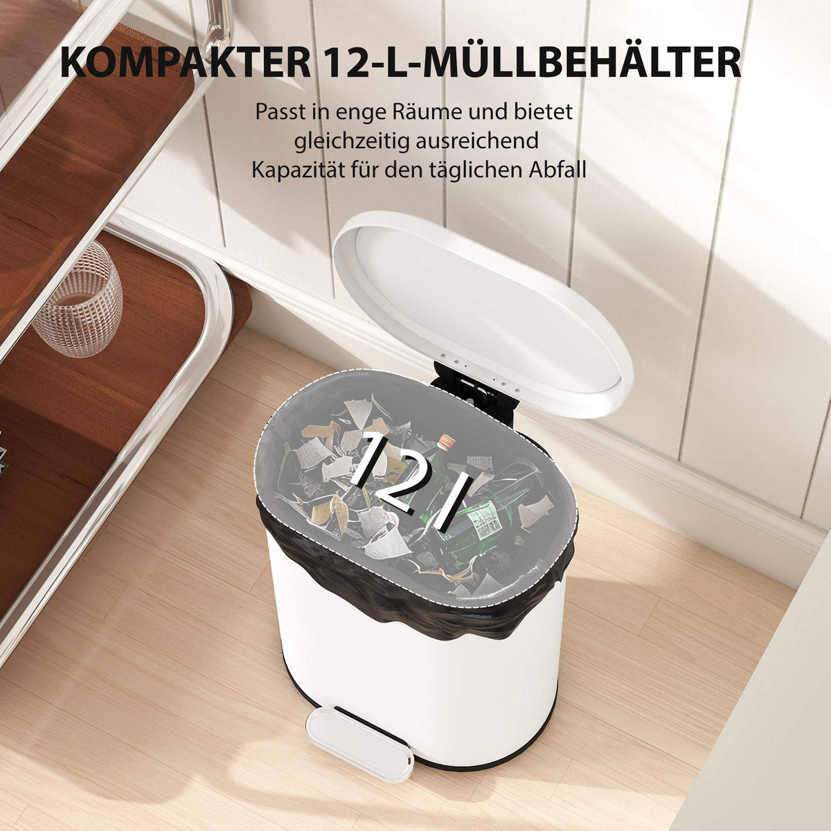 12L White Trash Can with Lid, Foot Pedal, Soft-Close