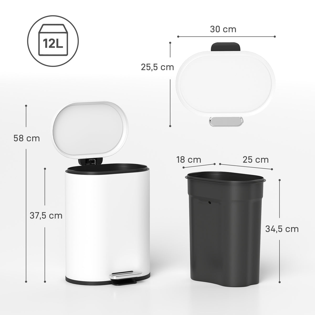 12L White Trash Can with Lid, Foot Pedal, Soft-Close