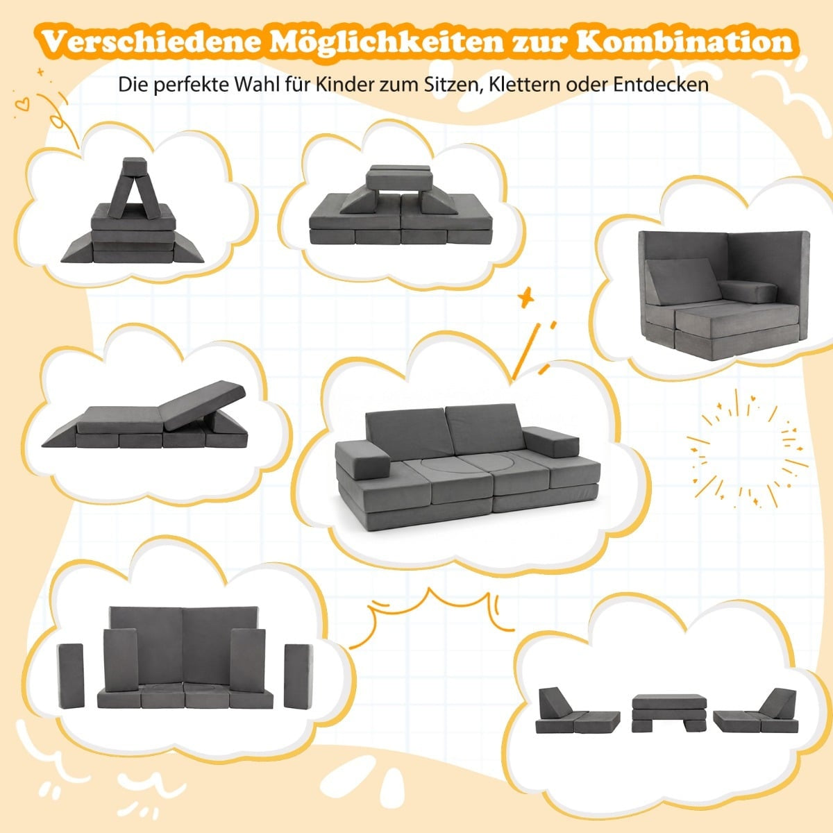12-Piece Modular Kids Sofa with Washable Covers, Dark Grey