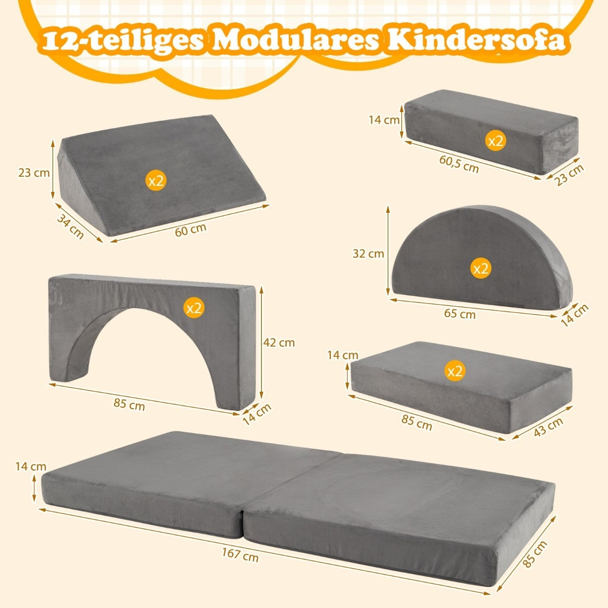 12-Piece Modular Kids Sofa with Washable Covers, Dark Grey