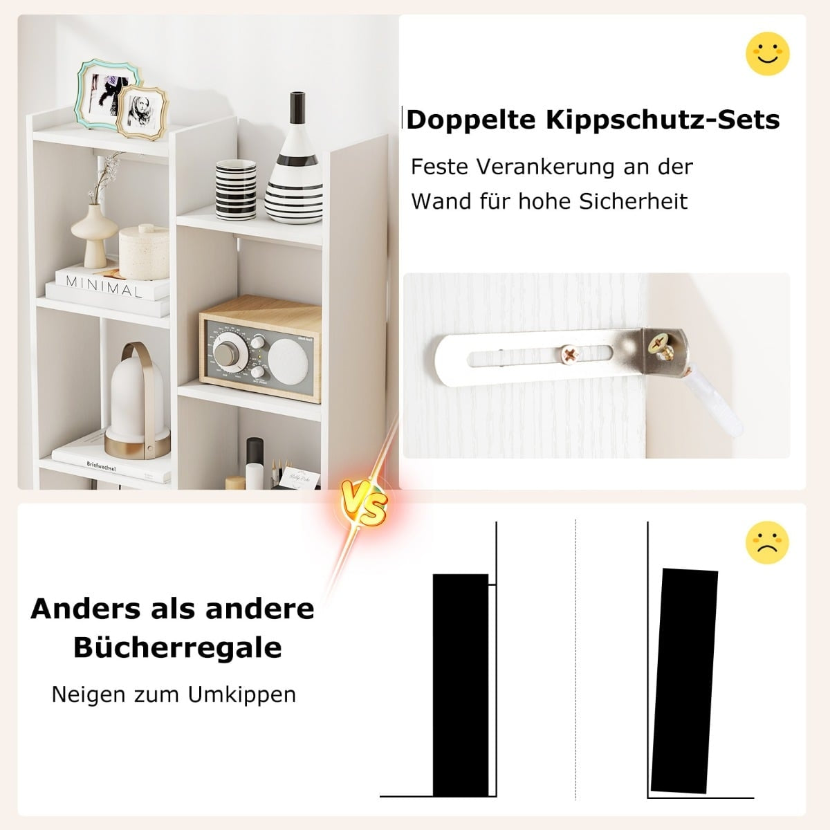 12-Tier Tree Bookshelf with Anti-Tip Safety, White, 65x20x162 cm