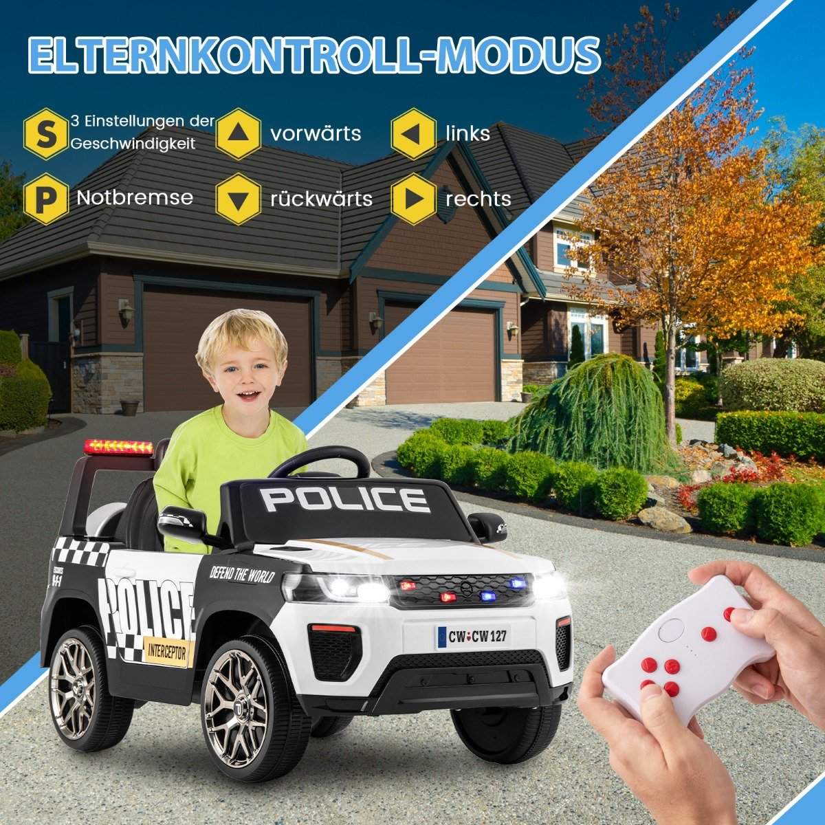 12V Children's Electric Car Police Electric Children's Car with Remote Control Electric Car for Children from 3 Years White