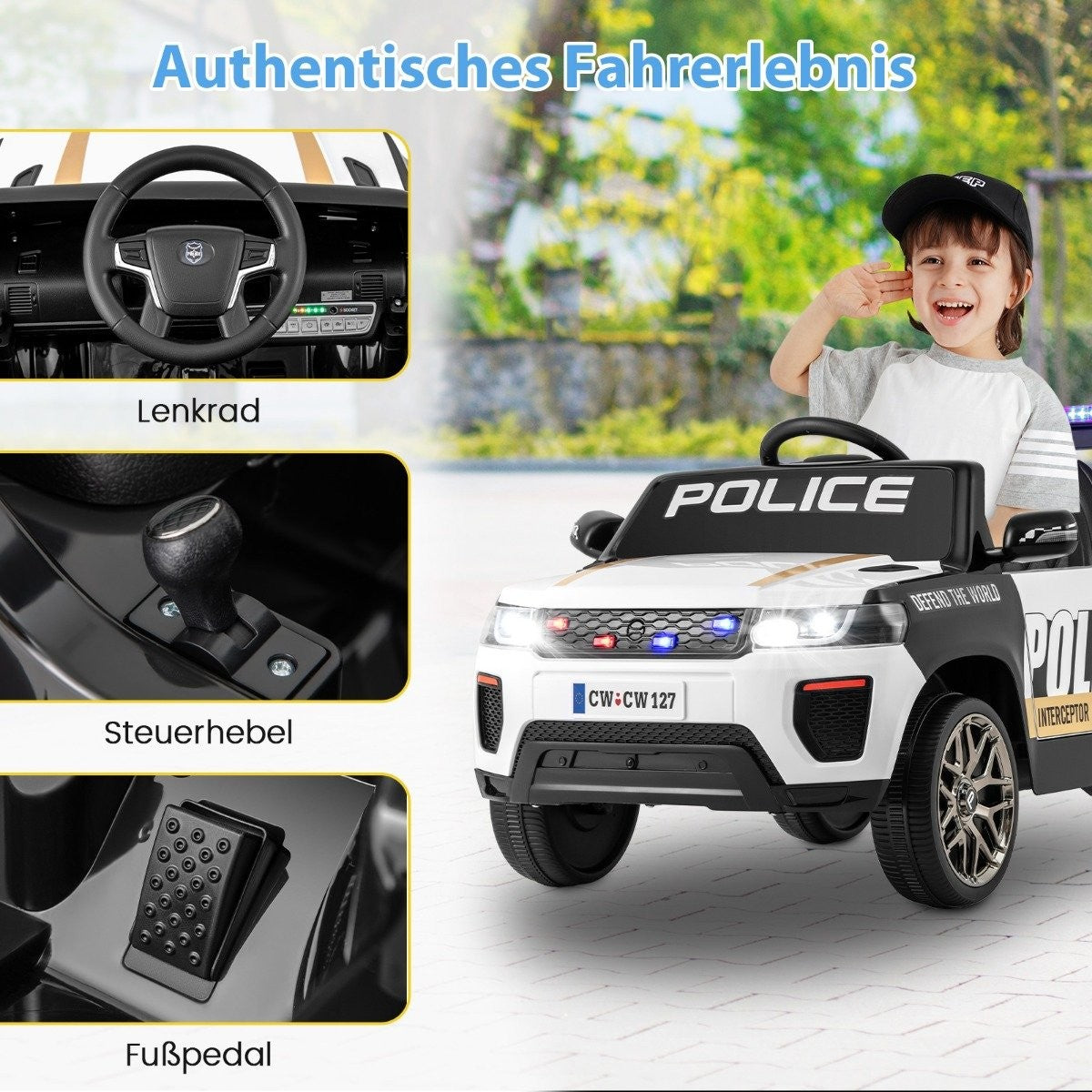 12V Children's Electric Car Police Electric Children's Car with Remote Control Electric Car for Children from 3 Years White
