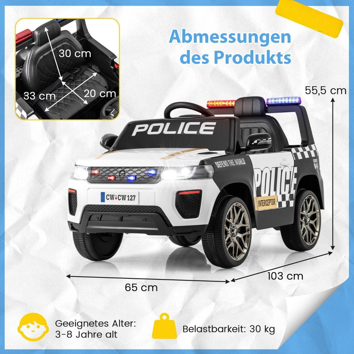 12V Children's Electric Car Police Electric Children's Car with Remote Control Electric Car for Children from 3 Years White