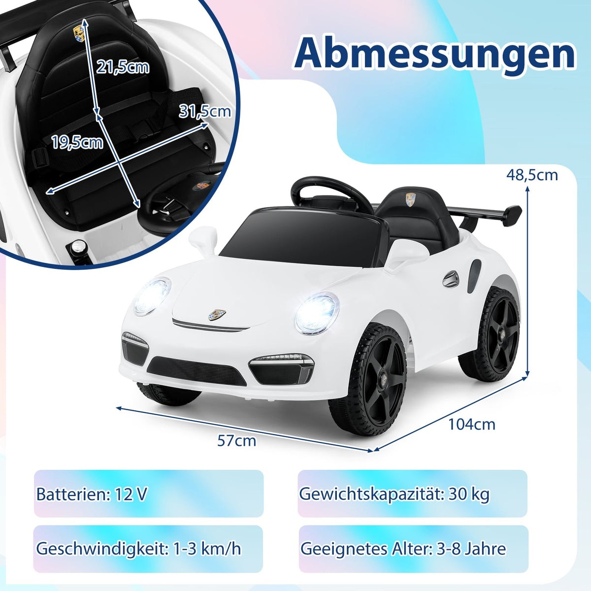 12V Kids Electric Car with Remote, Licensed Porsche, White
