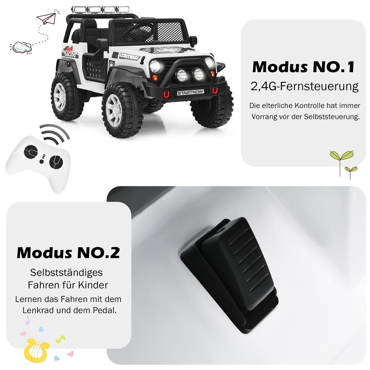 12V Kids Electric Car with Remote, Lights, Music, White