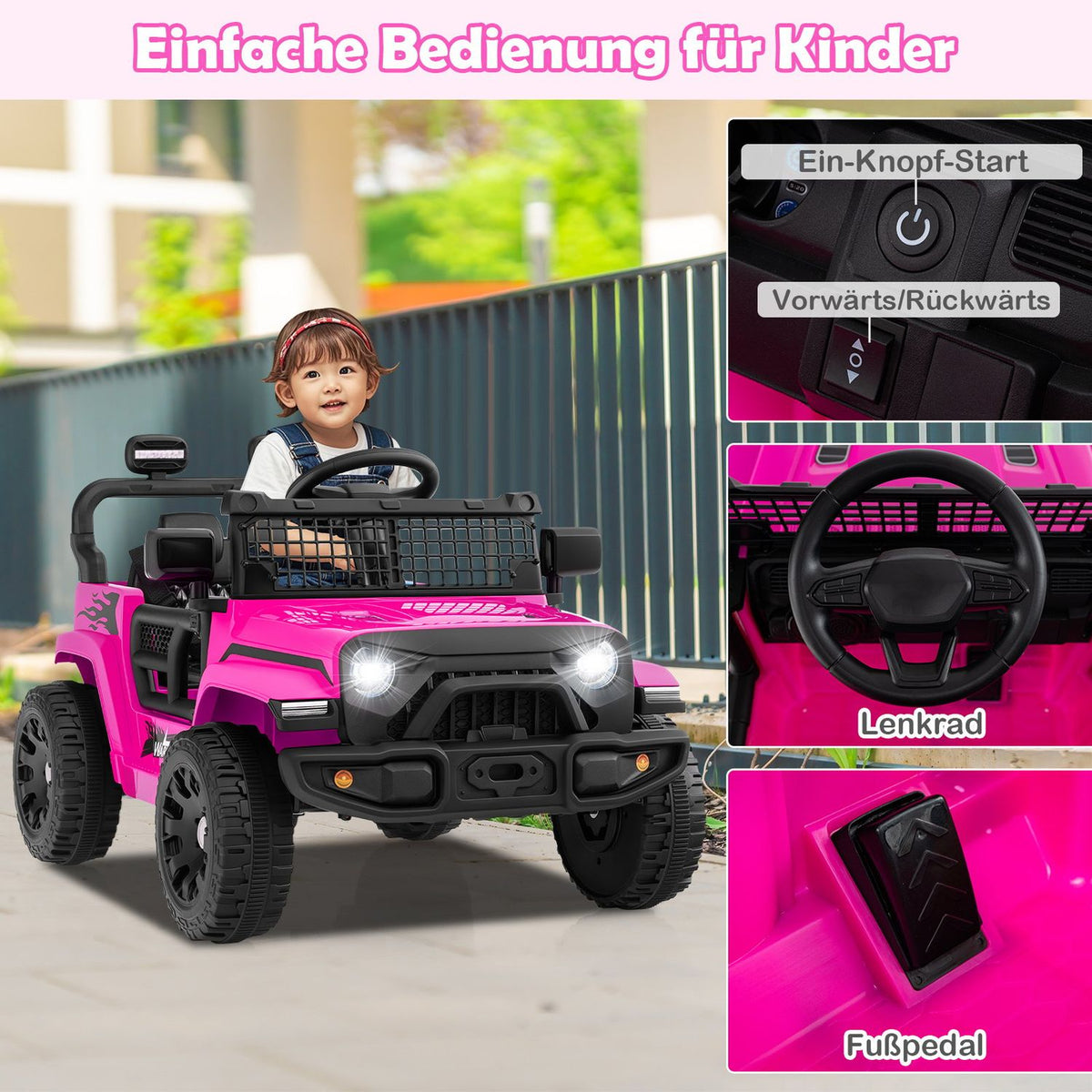12V Kids Electric Car with Remote, Music, LED Lights, Pink