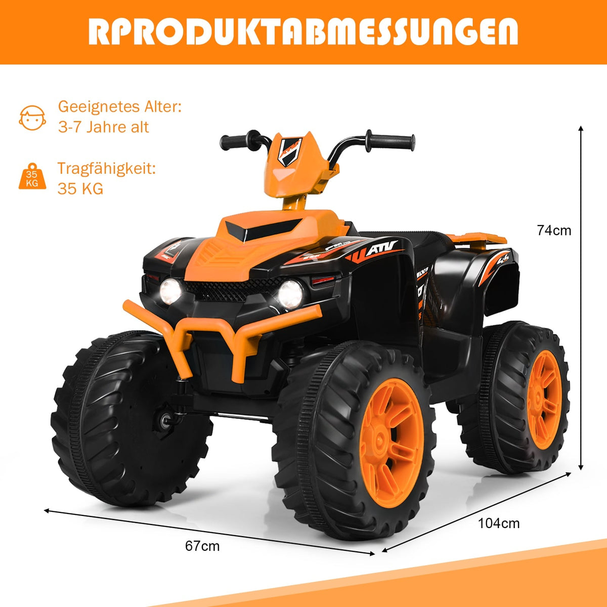 12V Kids Electric Quad with Lights, Music & Horn, Orange