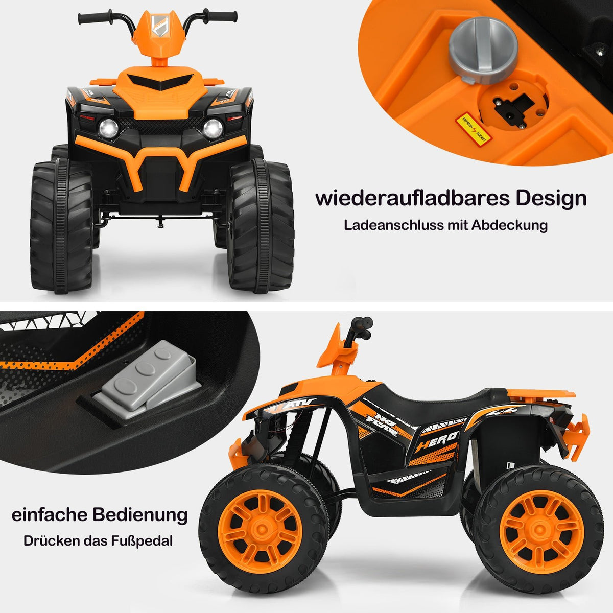 12V Kids Electric Quad with Lights, Music & Horn, Orange