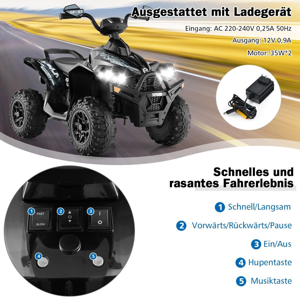 12V Kids Electric Quad with Music, Horn & LED Lights