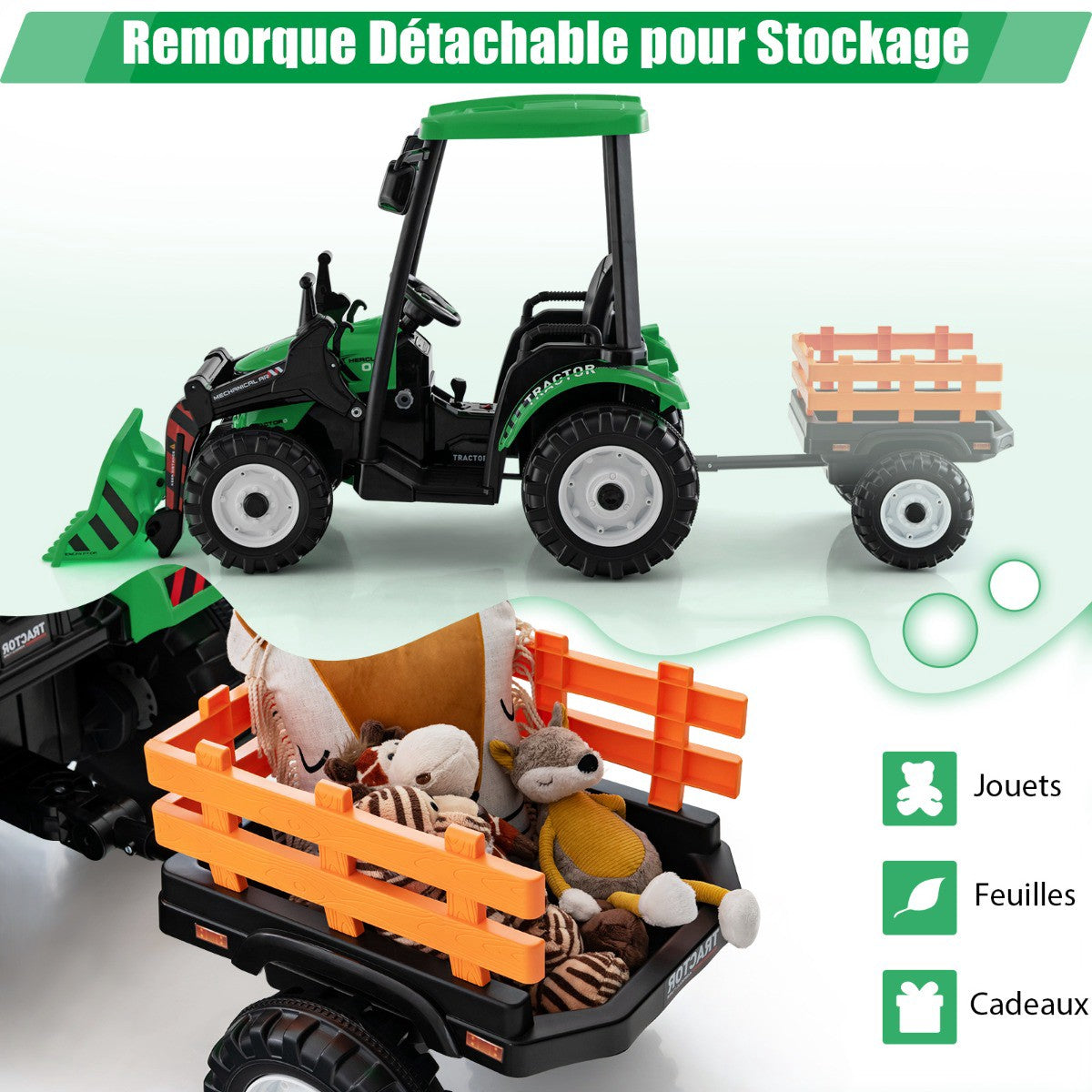 12V Kids Ride-On Tractor With Trailer, Shovel, Remote Control
