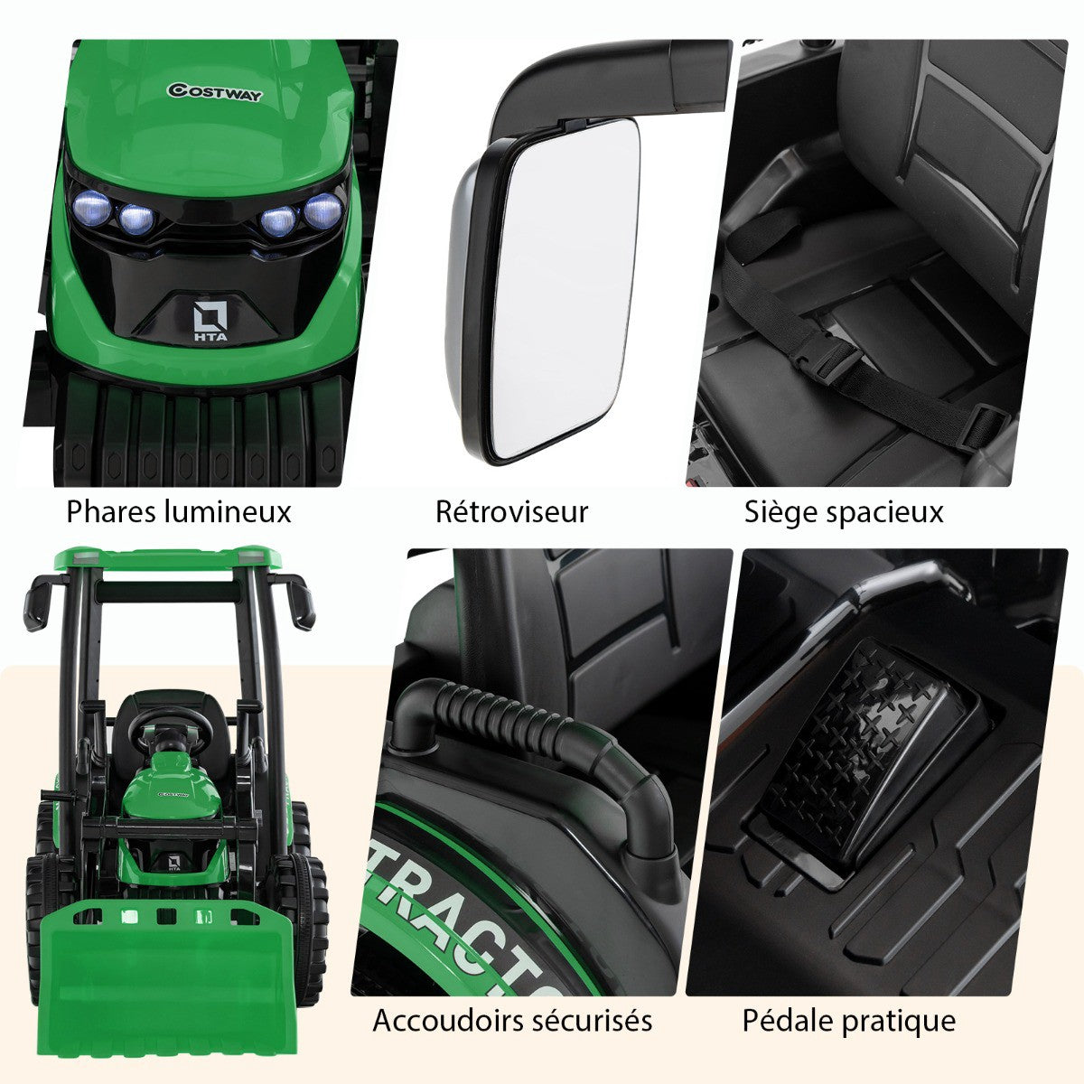 12V Kids Ride-On Tractor With Trailer, Shovel, Remote Control