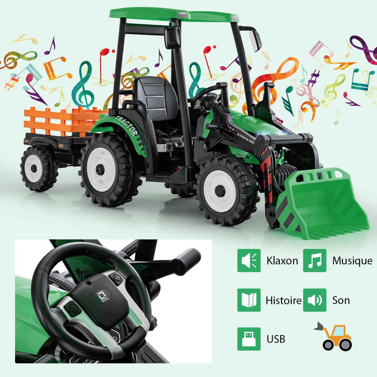 12V Kids Ride-On Tractor With Trailer, Shovel, Remote Control