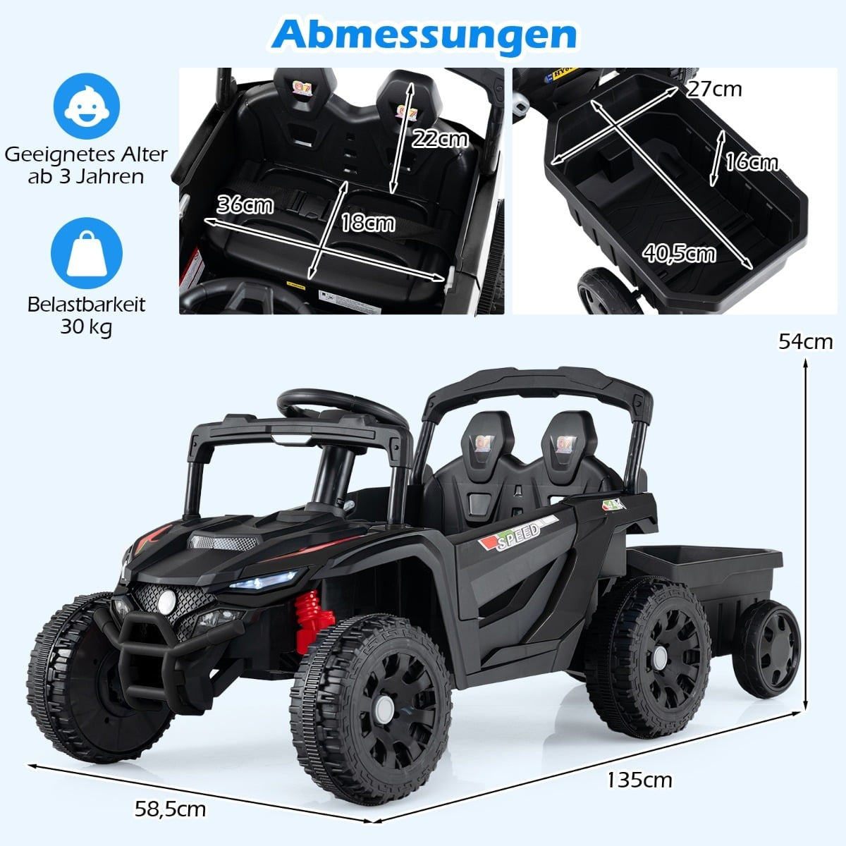 12V Kids Ride-On Tractor with Remote & Trailer, Black