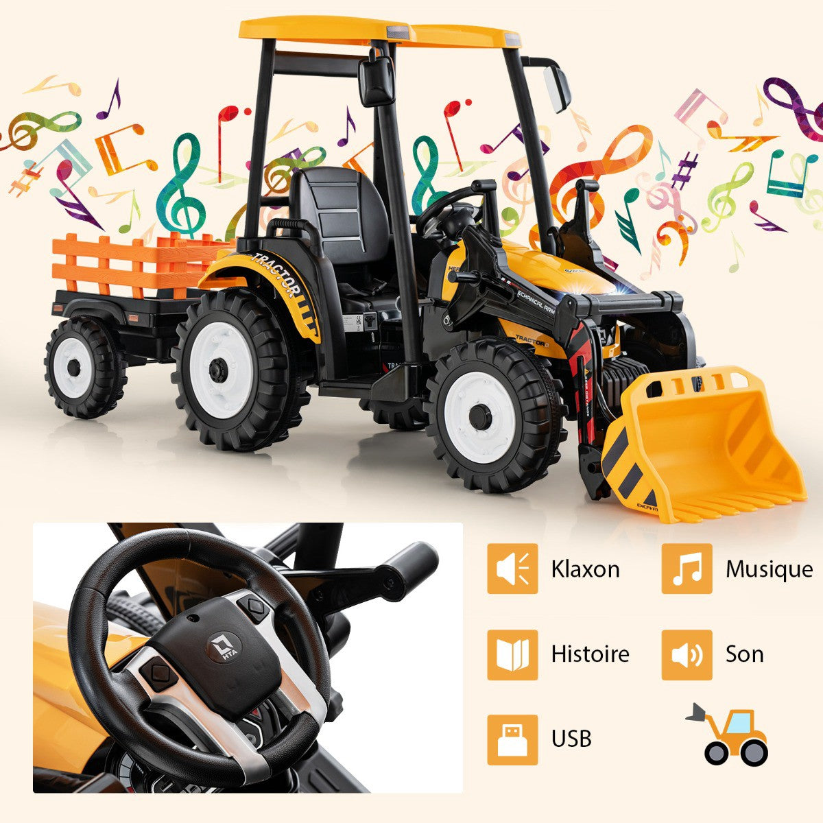 12V Kids Ride-On Tractor with Trailer, Shovel, Remote Control