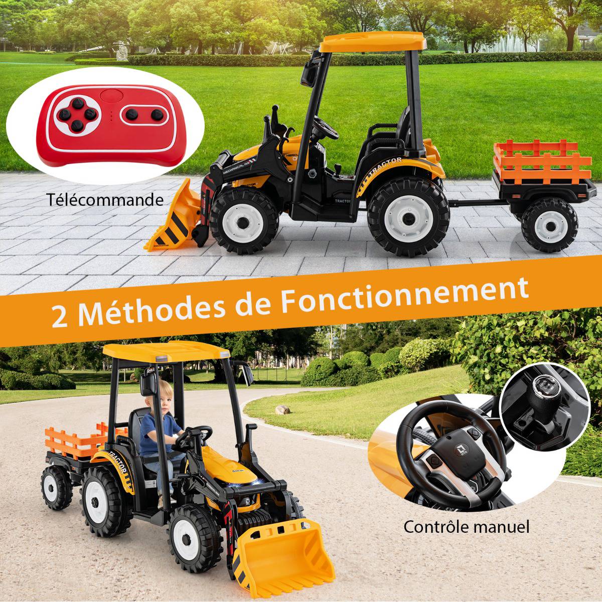 12V Kids Ride-On Tractor with Trailer, Shovel, Remote Control