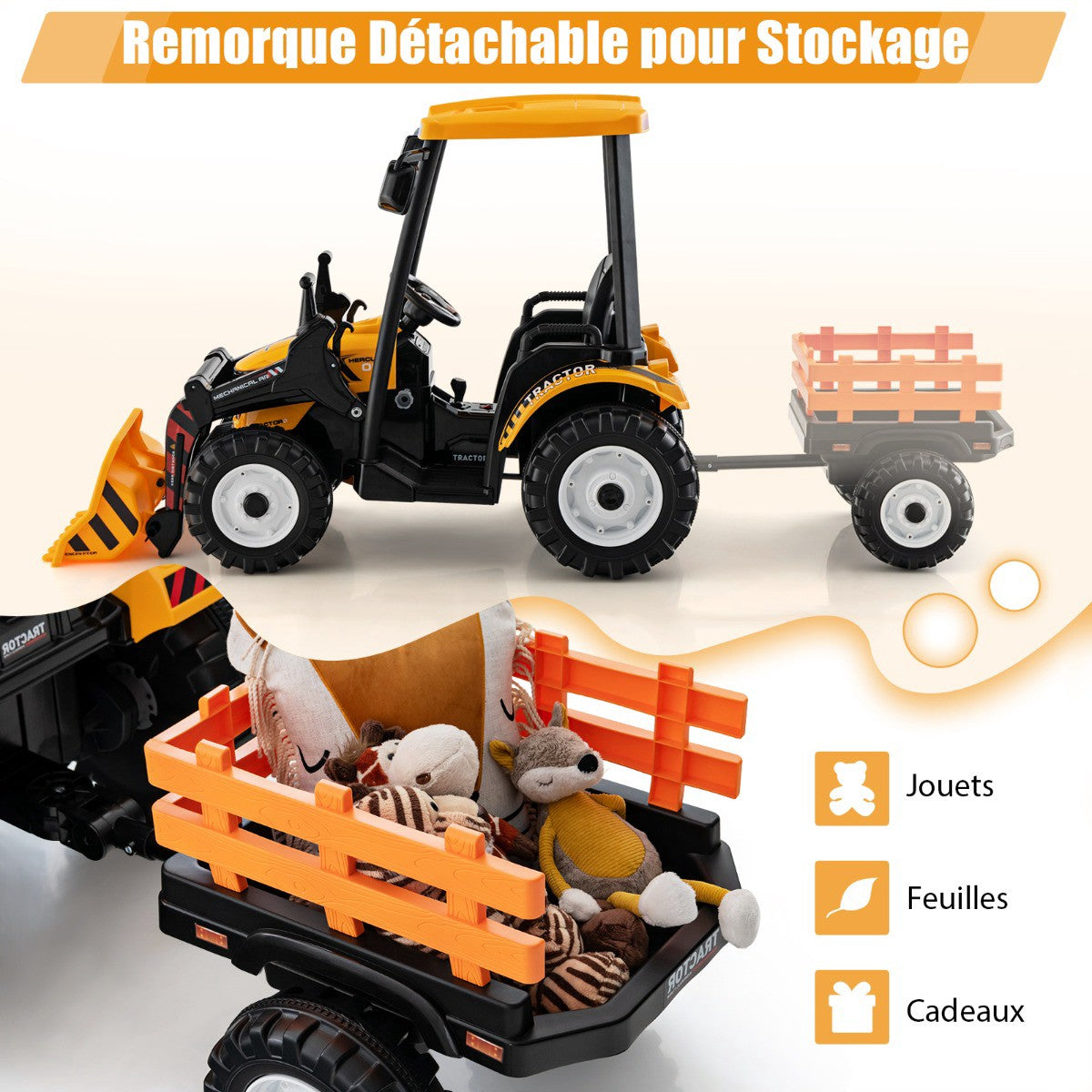 12V Kids Ride-On Tractor with Trailer, Shovel, Remote Control