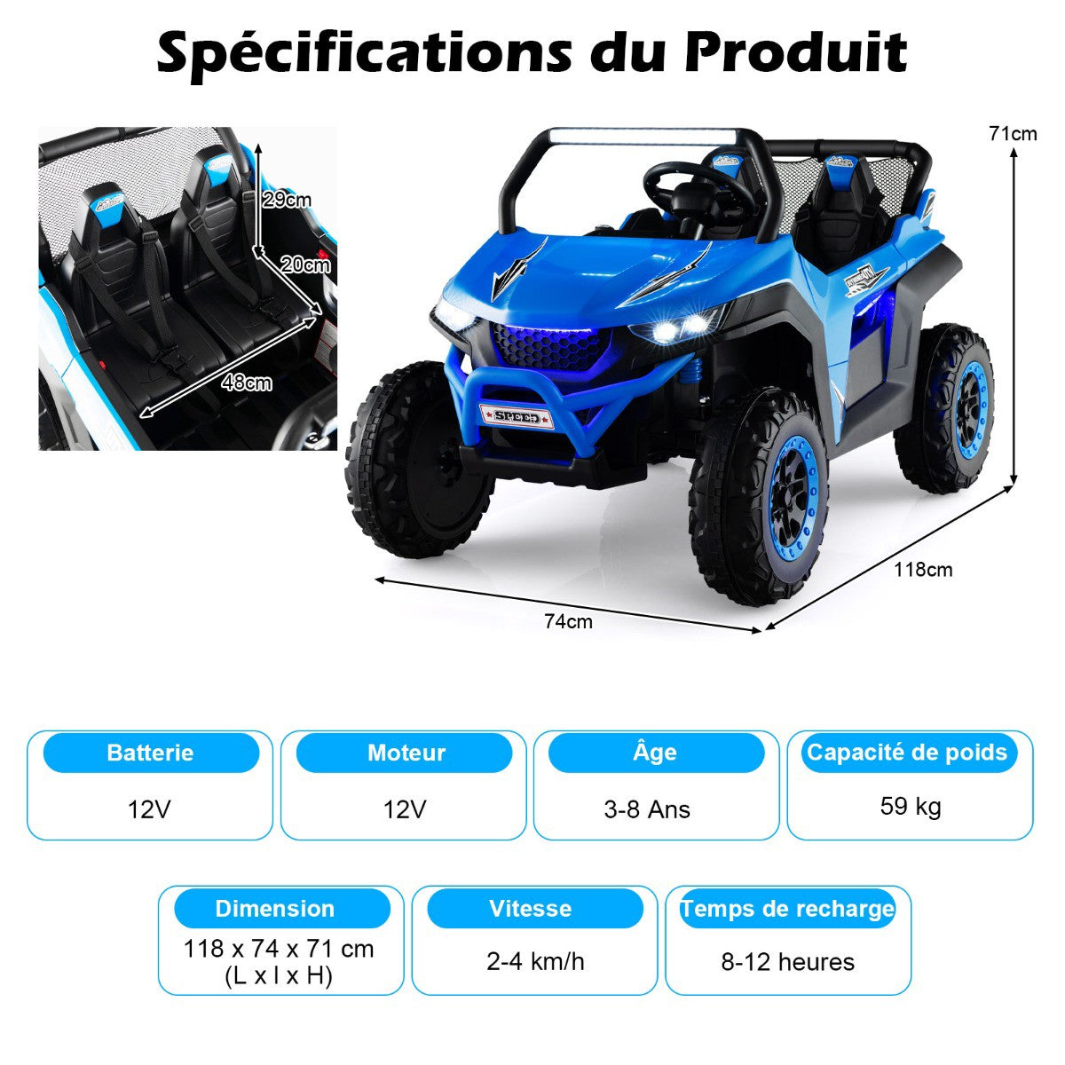12V Kids Ride-On UTV with Remote, 2-Seater, Blue