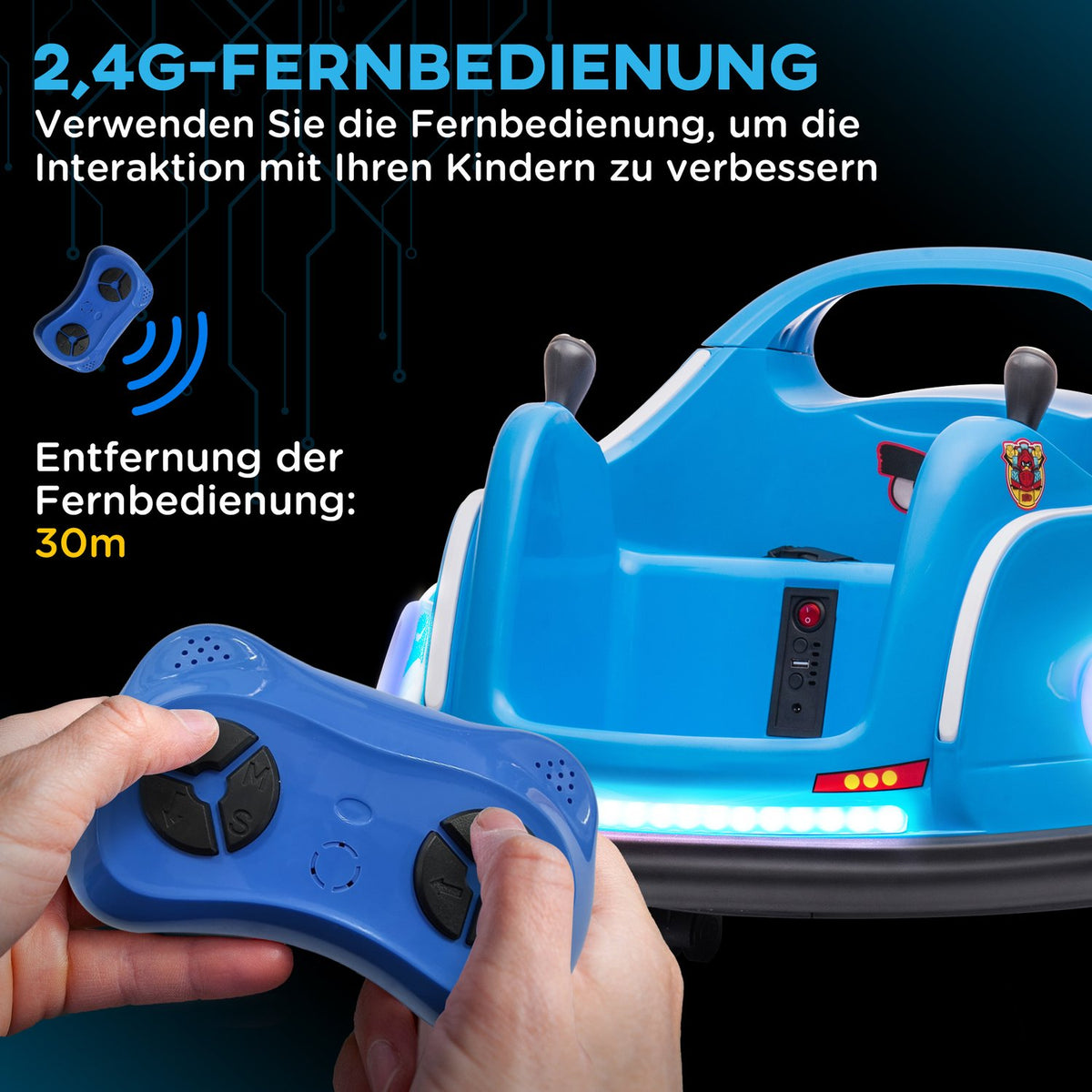 12V children's bumper car with 2.4 G remote control, electric bumper with music and lights, 1.5-3 km/h, children's electric car with 360° rotation, for children 3-5 years, blue