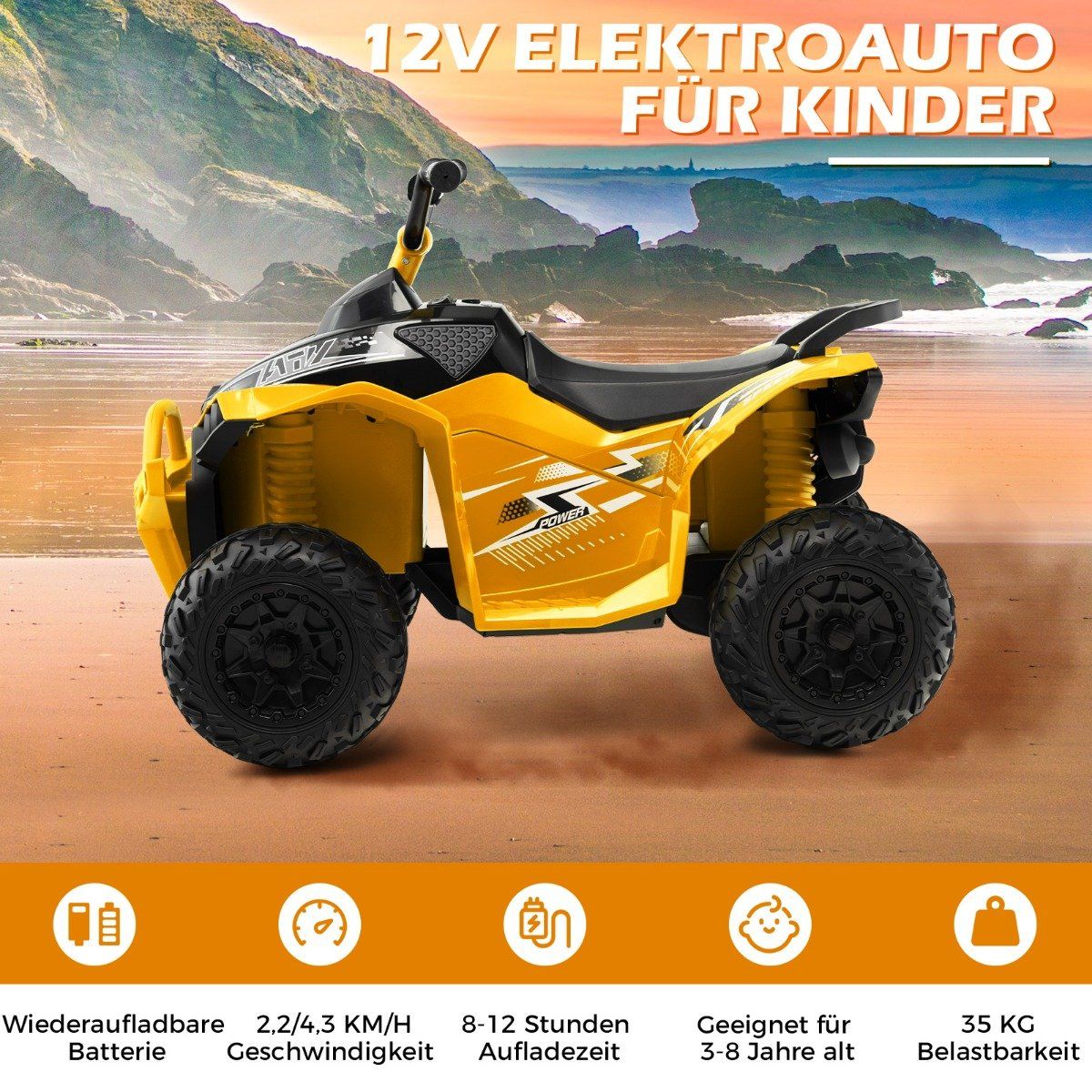 12V electric children's quad with 2.2/4.3 KM/H speed &amp; Horn, music &amp; LED lights electric quad yellow