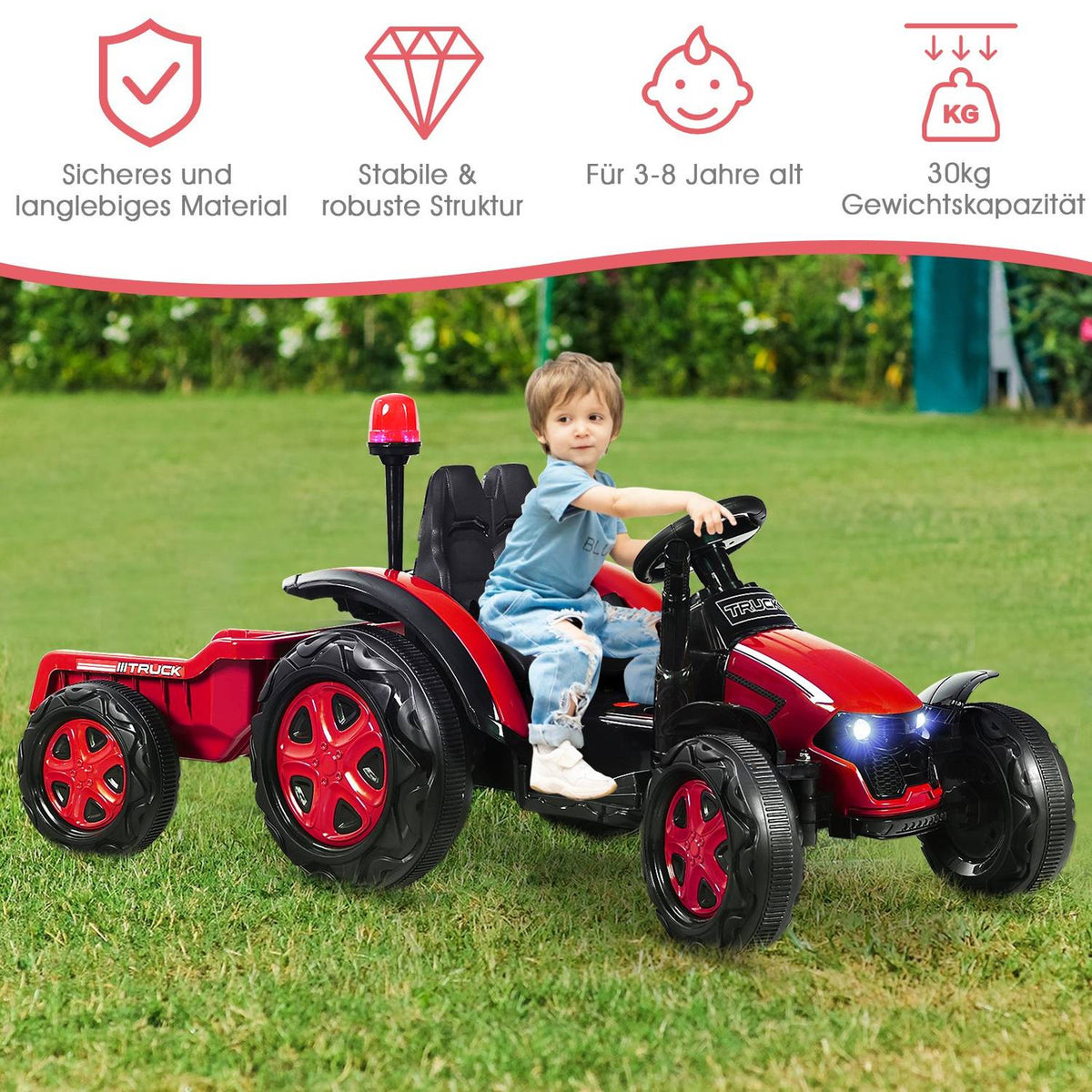 12V tractor children's ride-on tractor with removable trailer 151 x 68 x 70 cm red