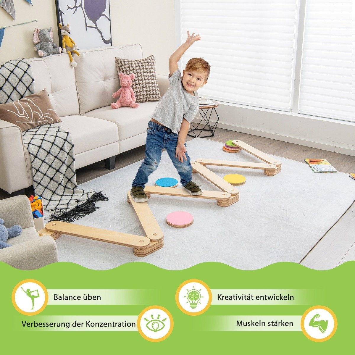 12-piece balance beam with 6 balancing stones, freely combinable, made of wood for children
