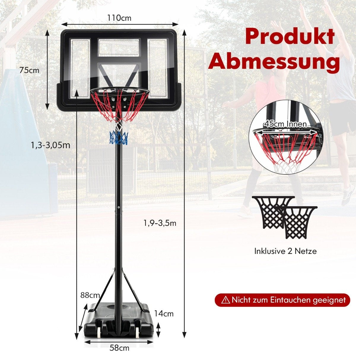 130 cm - 305 cm height-adjustable basketball hoop with stand & 2 wheels basket stand black