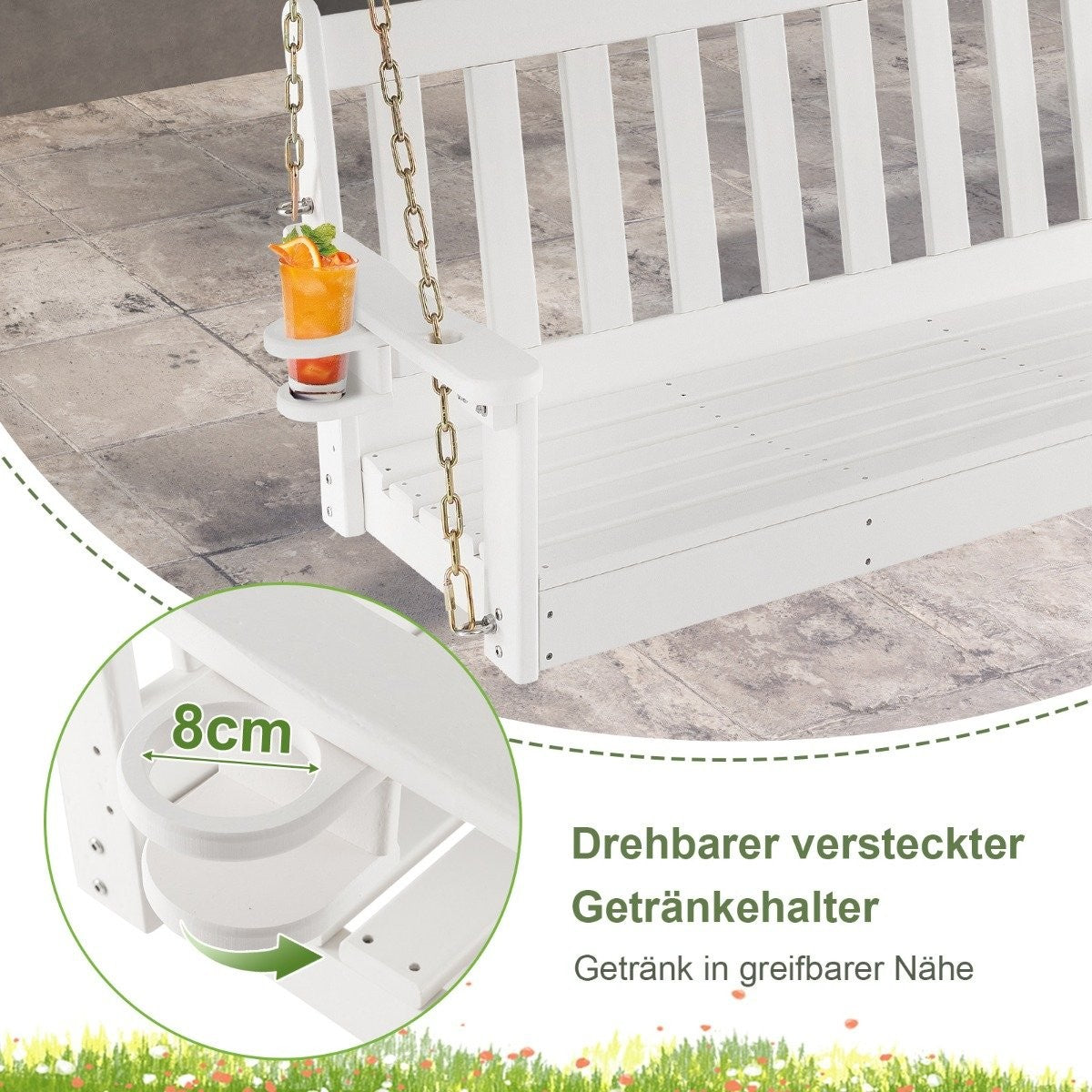 137 cm long hanging swing made of HDPE with hidden cup holder & adjustable safety chains with 320 kg load capacity