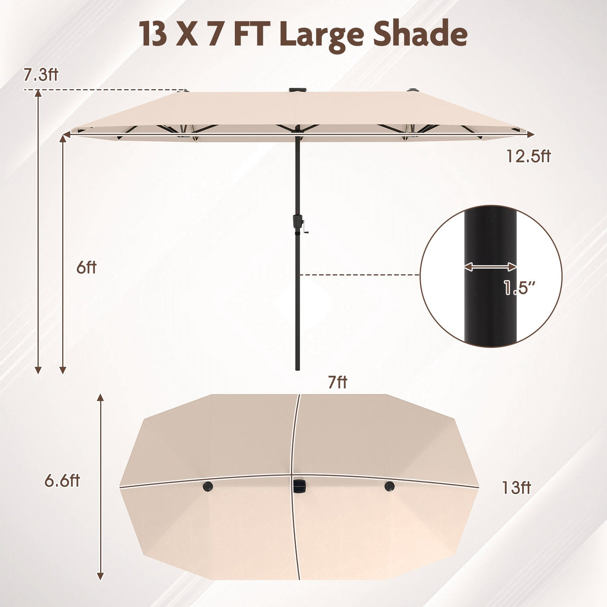 13 Ft Double-Sided Patio Umbrella, Solar LED, Crank, Beige