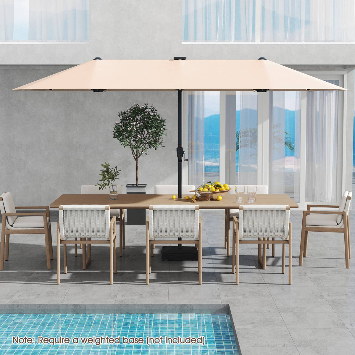 13 Ft Double-Sided Patio Umbrella, Solar LED, Crank, Beige