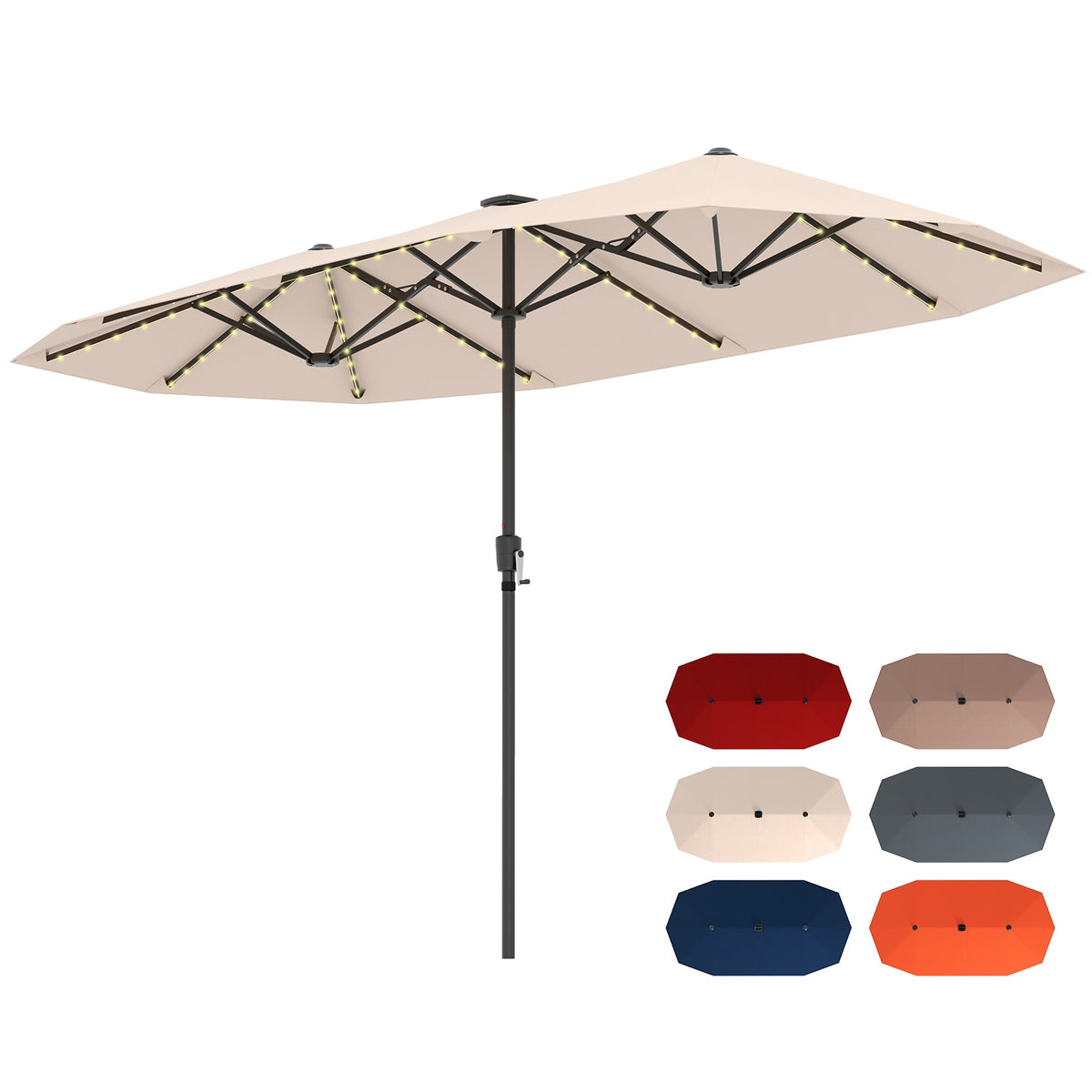 13 Ft Double-Sided Patio Umbrella, Solar LED, Crank, Beige
