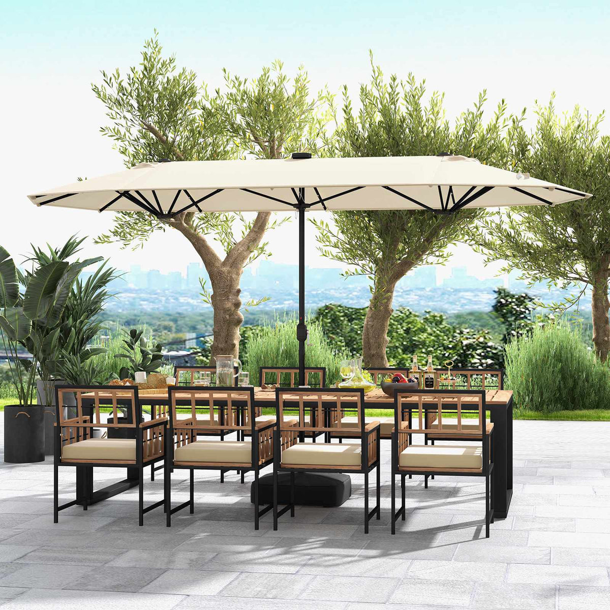 13ft Double-Sided Patio Umbrella With Solar Lights, Beige