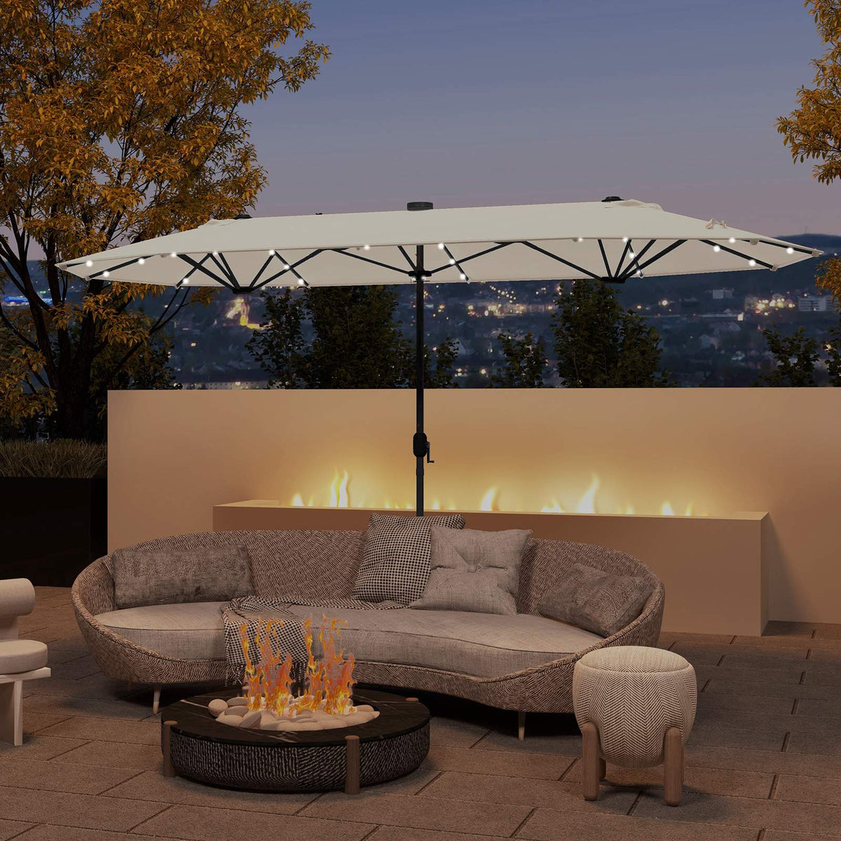 13ft Double-Sided Patio Umbrella With Solar Lights, Beige